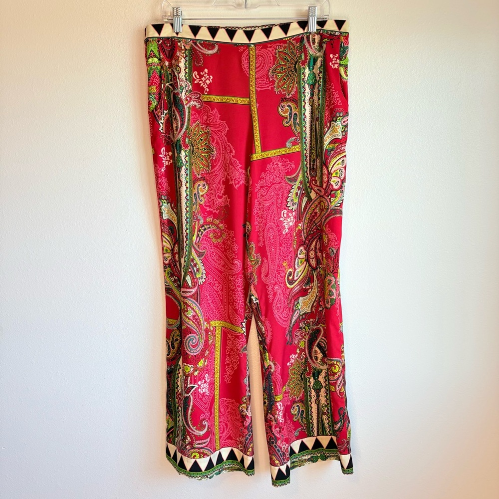Beige by eci Vibrant Red and Green Comfy Paisley Trousers Sz34 Wide Leg Bohemian